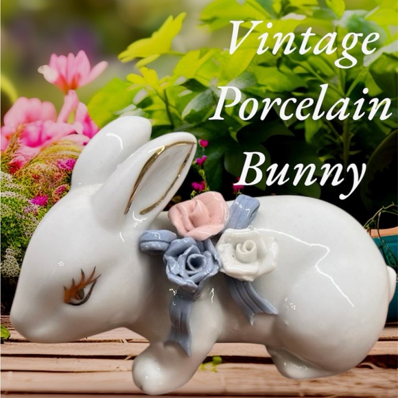 Vintage Porcelain Bunny Floral Rose Bow Cottage Core Farmhouse Mid Century White